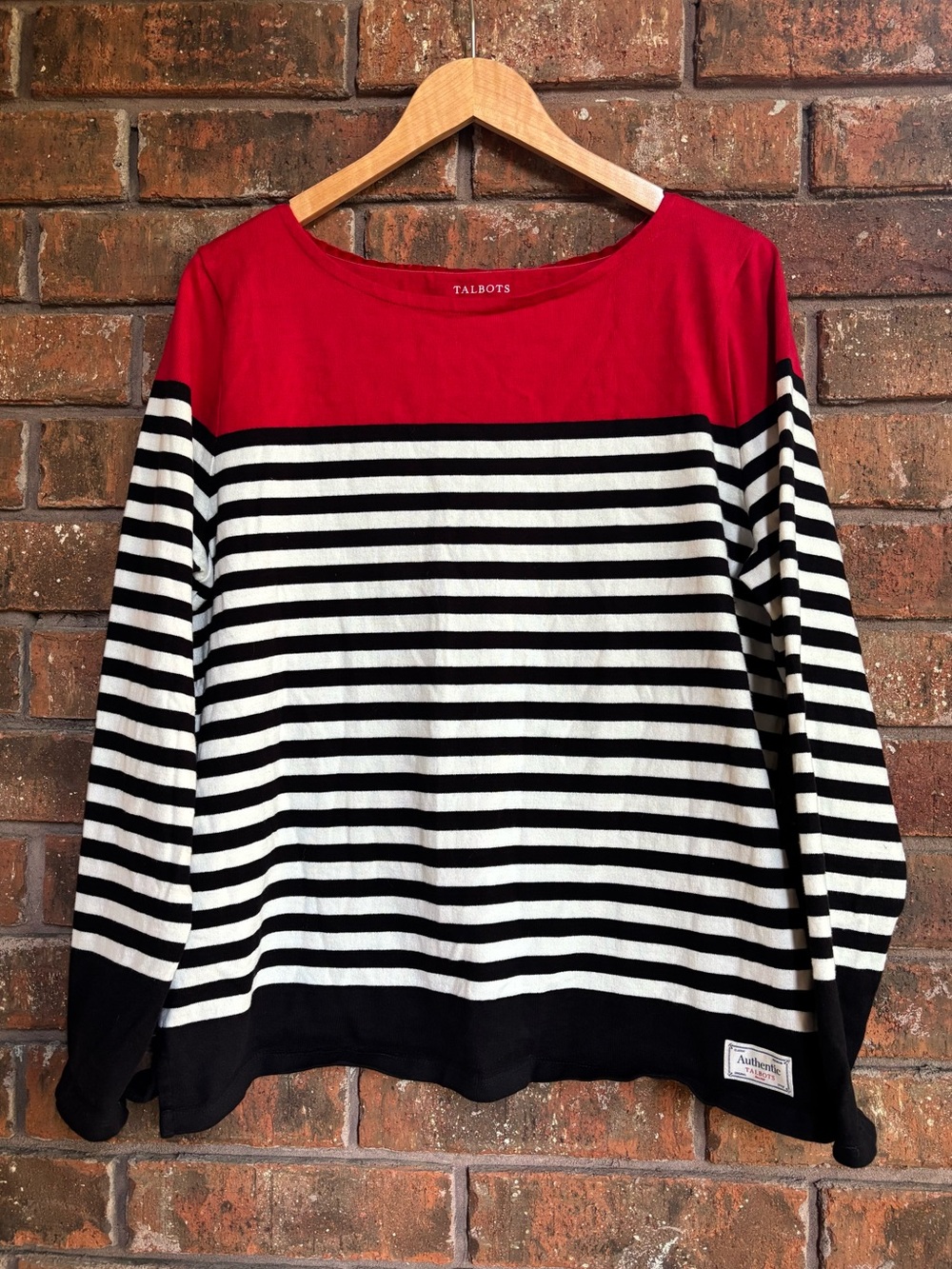 Talbots Red Yoke Black & White Striped Boatneck Top